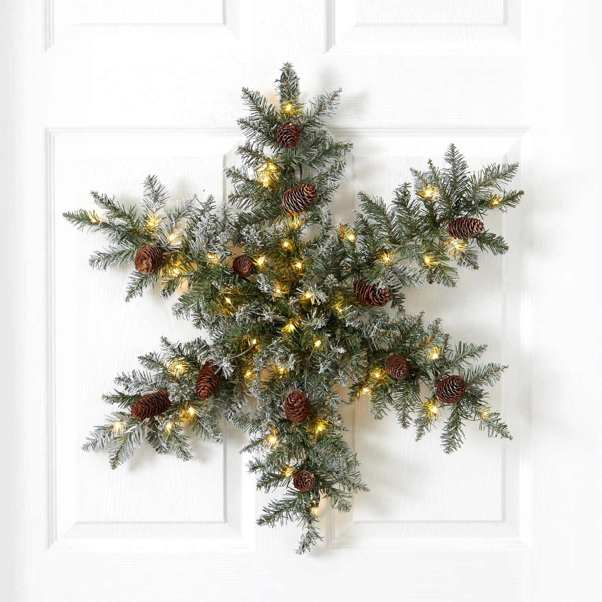 30 Pre-Lit Flocked Snowflake Artificial Dunhill Fir Wreath with Pinecones and 40 LED Lights