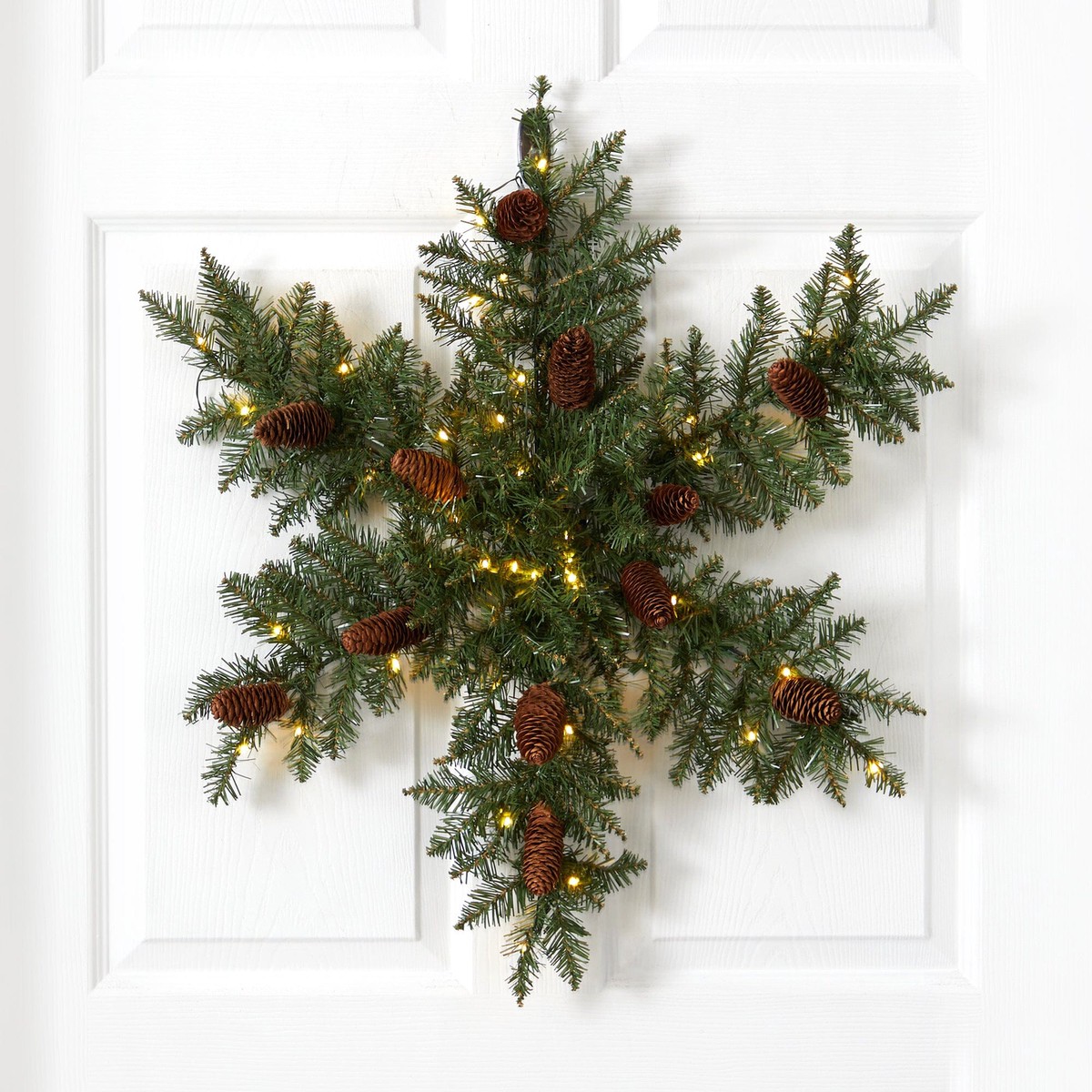 30 Pre-Lit Snowflake Artificial Dunhill Fir Wreath with Pinecones and 40 LED Lights