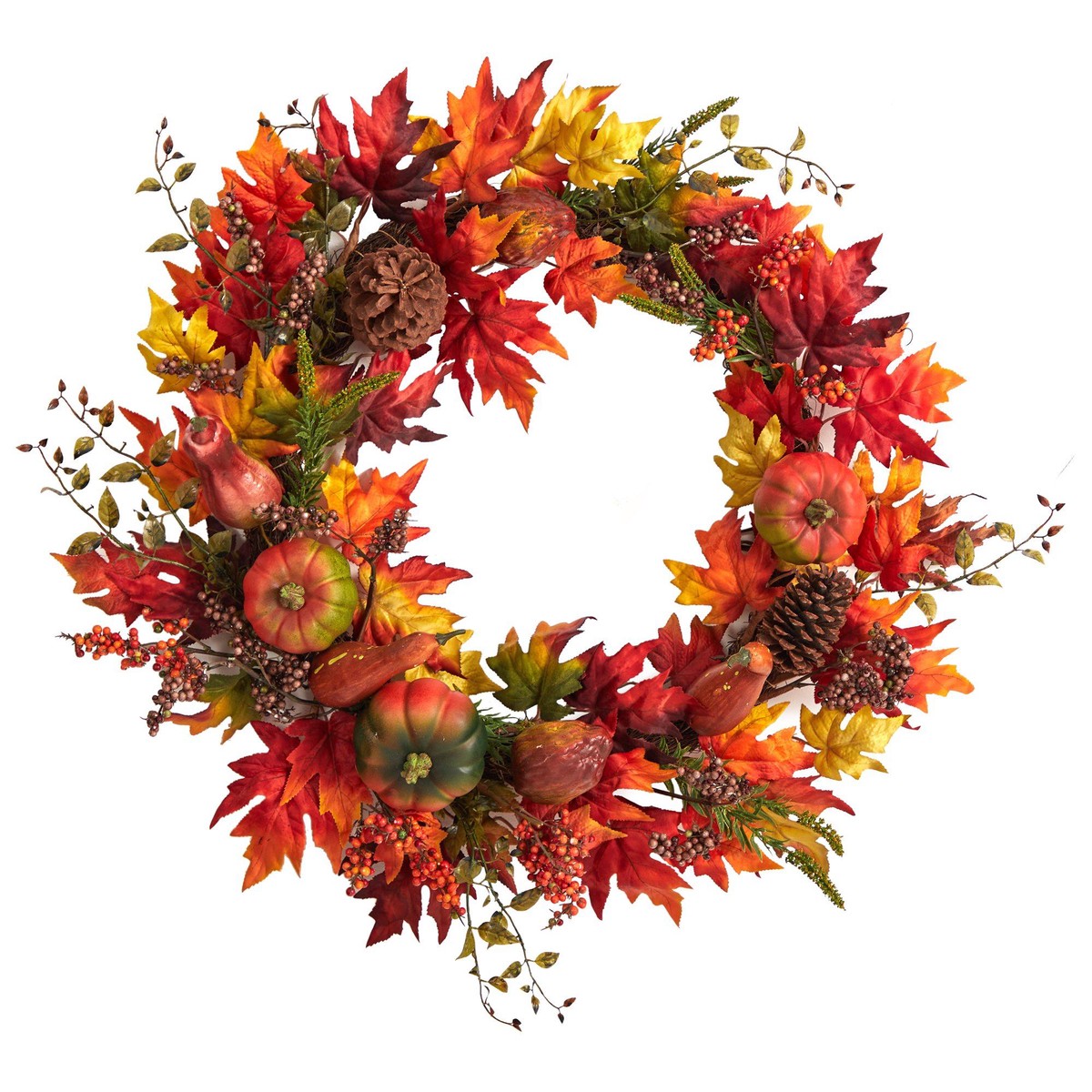 32 Autumn Maple Leaf, Pumpkin and Berries Artificial Fall Wreath