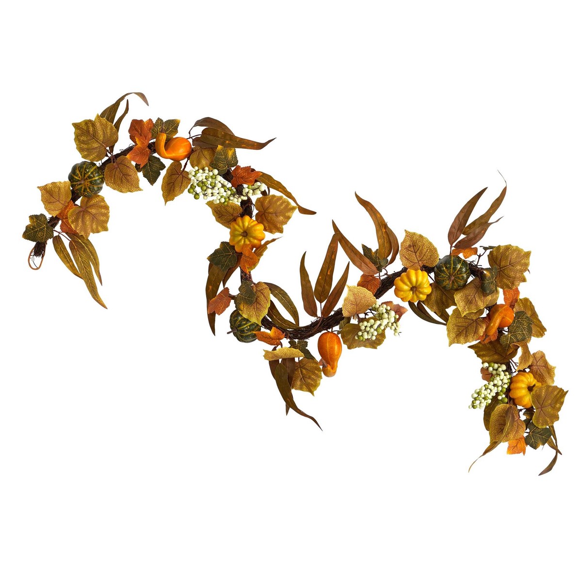 6 Fall Green and Orange Assorted Pumpkin and Gourds with White Berries Artificial Autumn Garland