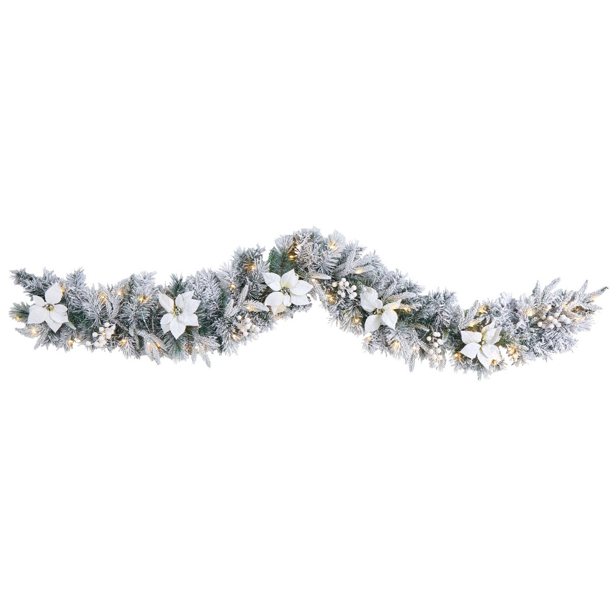 6 Flocked Poinsettia and Berry Artificial Christmas Garland with 50 Warm White LED Lights