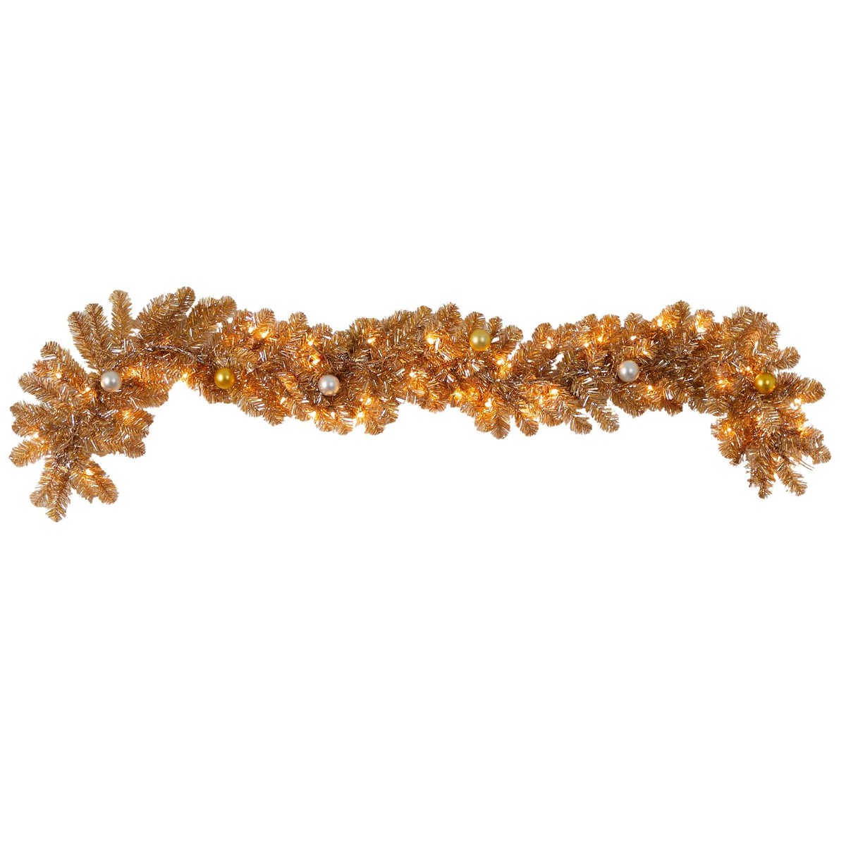 6′ Holiday Christmas Golden Garland with Ornaments and 50 Warm White Lights