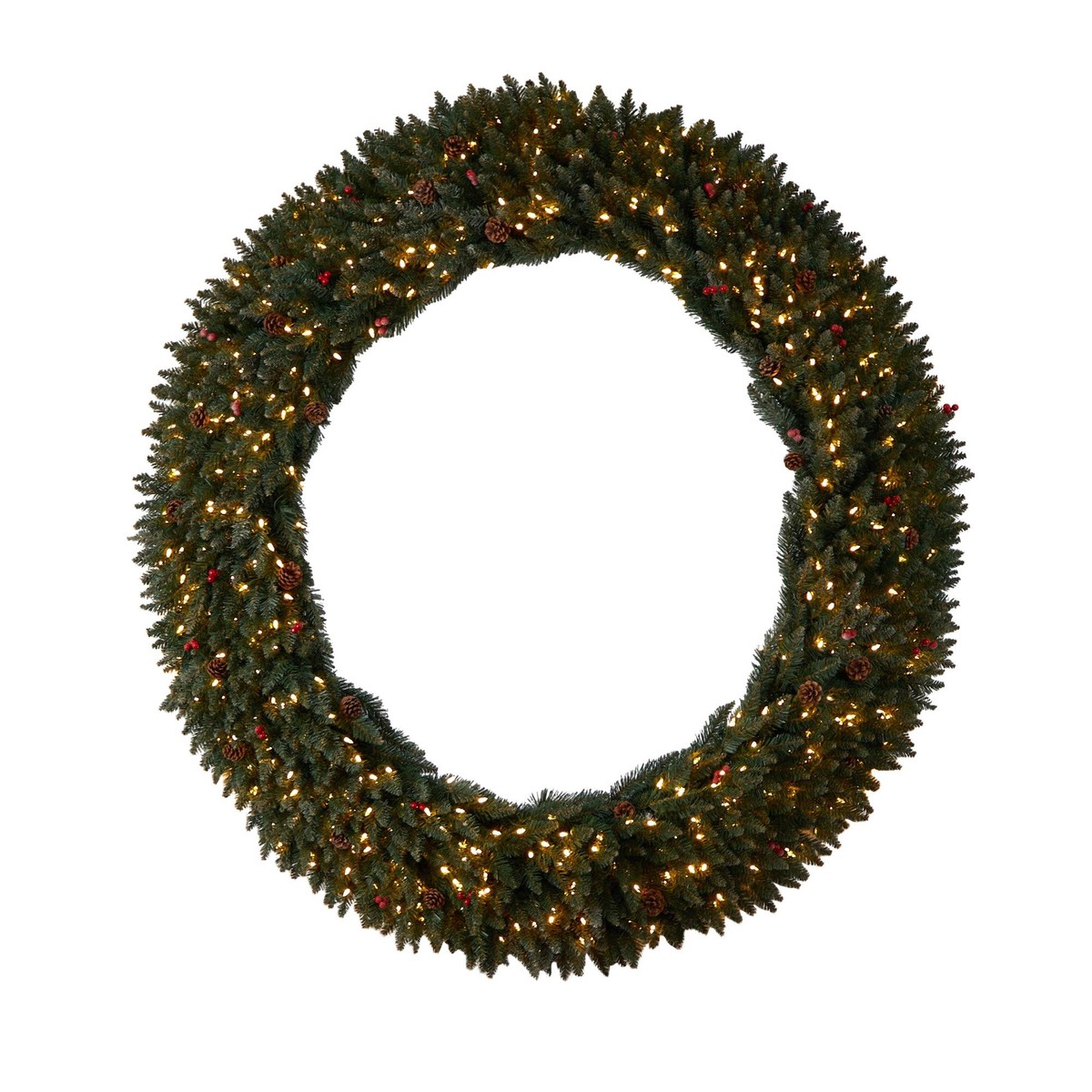 6 Large Flocked Wreath with Pinecones, Berries, 600 Clear LED Lights and 1080 Bendable Branches
