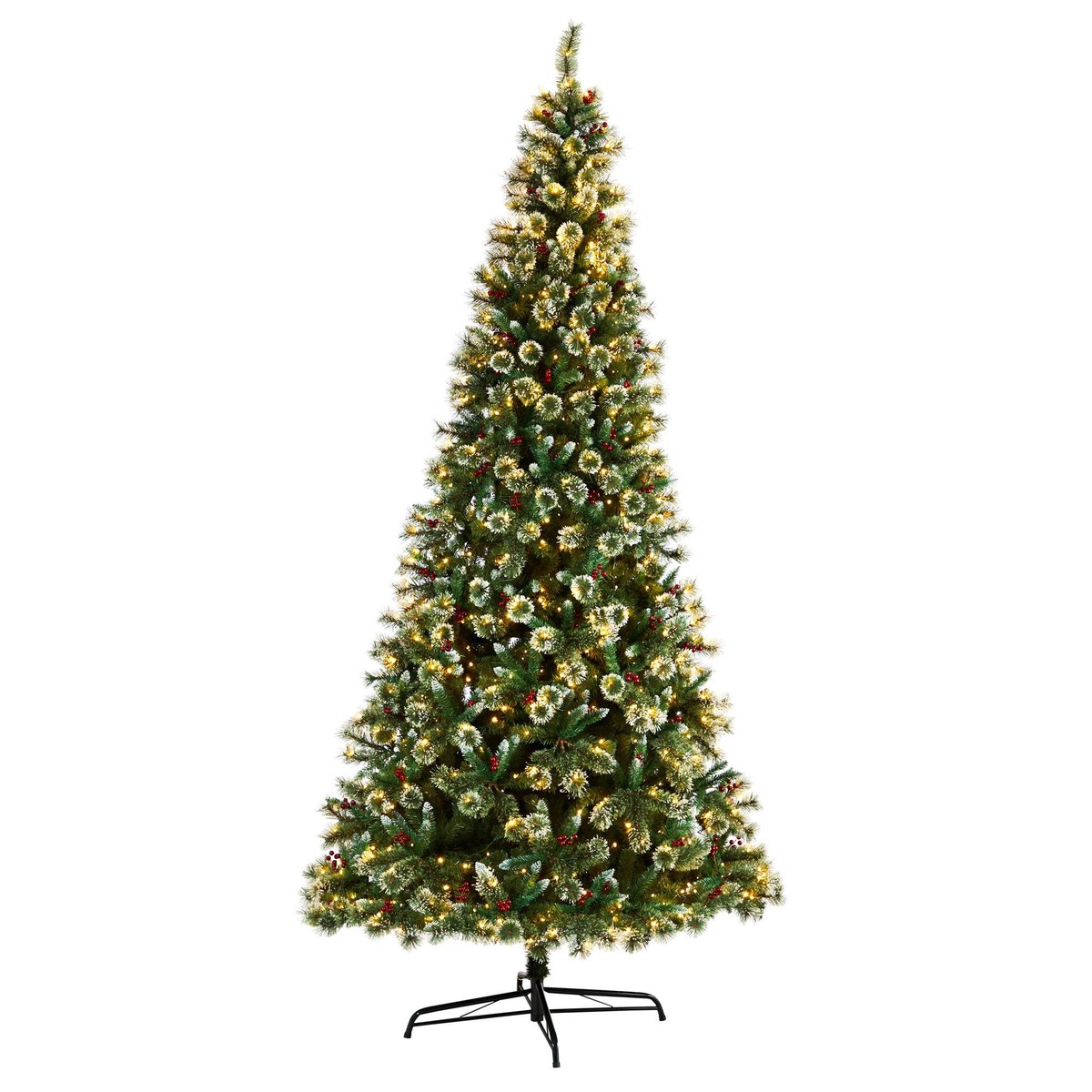 10 Frosted Swiss Pine Artificial Christmas Tree with 850 Clear LED Lights and Berries