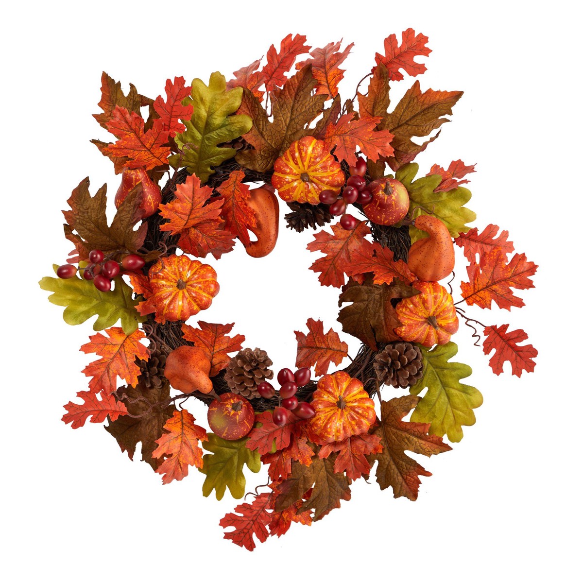 20 Autumn Assorted Maple Leaf, Pumpkin Gourd, Pinecone and Berry Artificial Fall Wreath