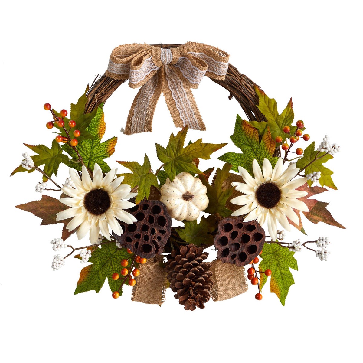 20 Autumn Sunflower, White Pumpkin and Dried Lotus Pod Artificial Fall Wreath with Decorative Bow