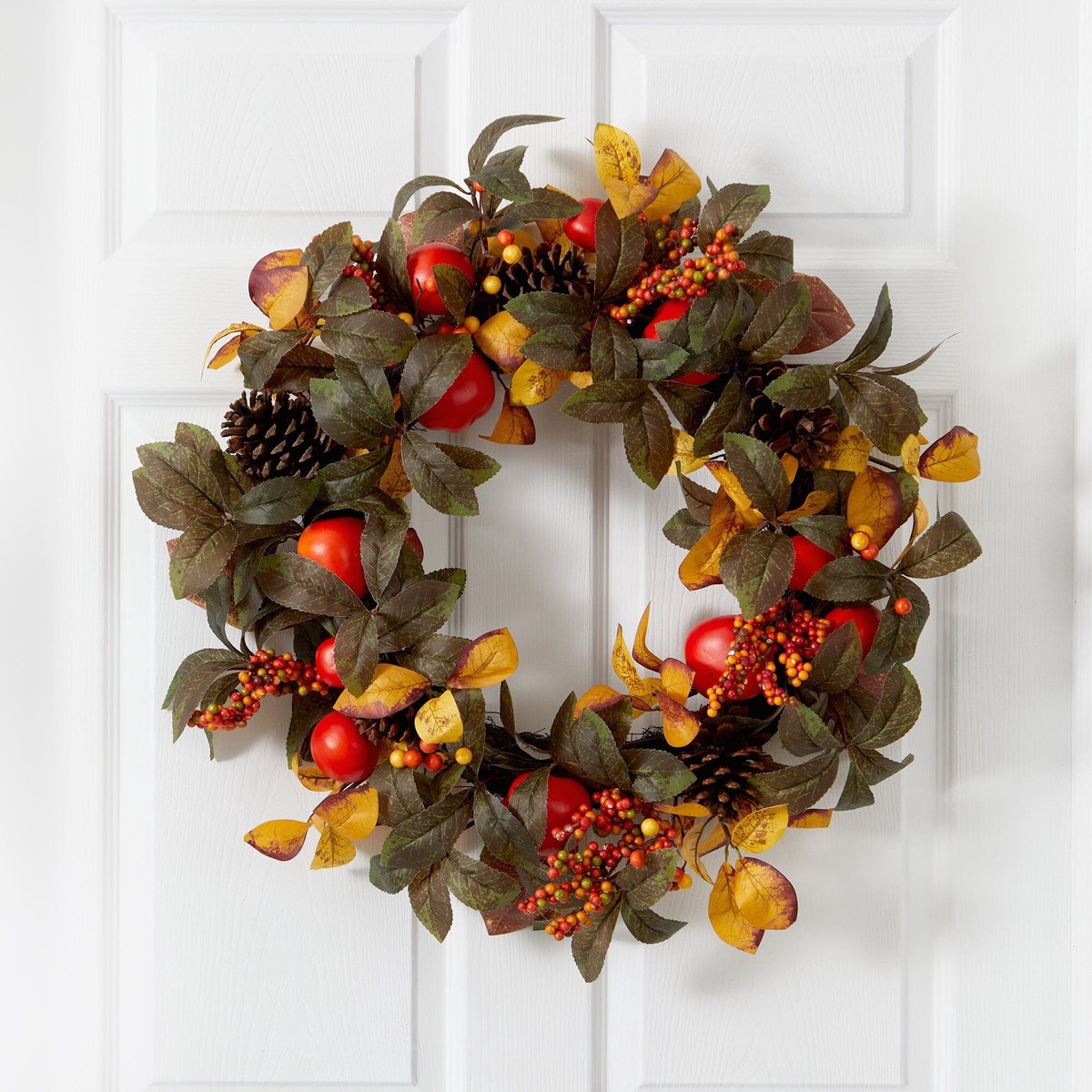 26 Autumn Persimmon and Pinecones Artificial Fall Wreath