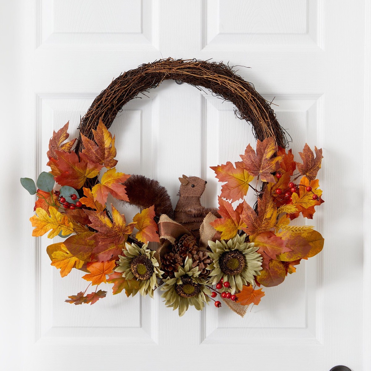 26 Fall Harvest Artificial Autumn Wreath with Twig Base and Squirrel