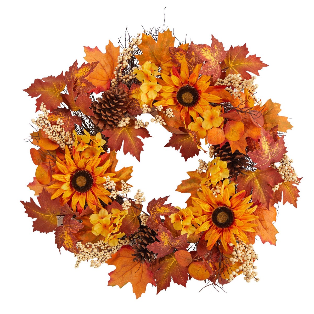 28 Autumn Maple Leaves, Sunflower, White Berries and Pinecones Artificial Fall Wreath