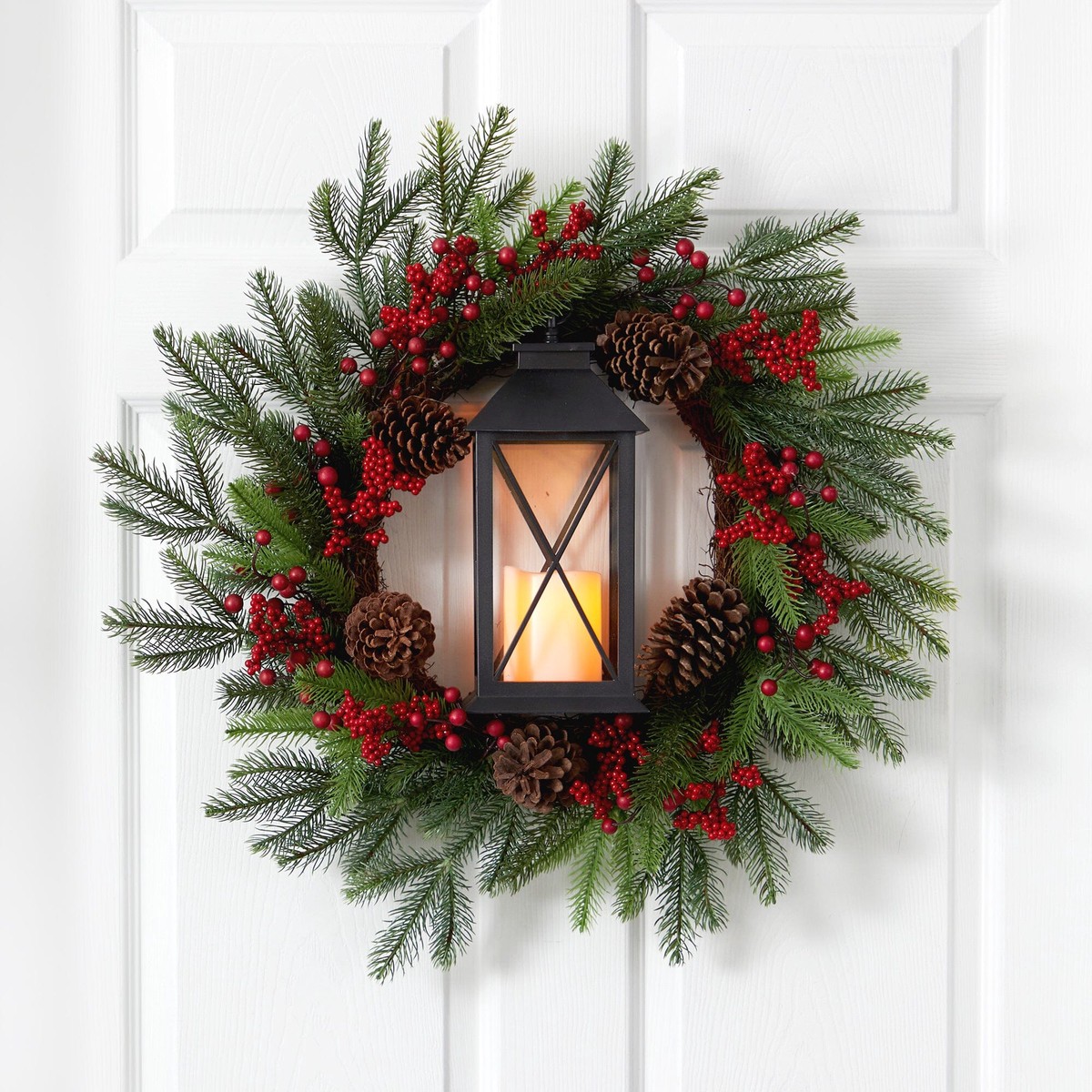 28 Berries and Pine Artificial Christmas Wreath with Lantern and Included LED Candle