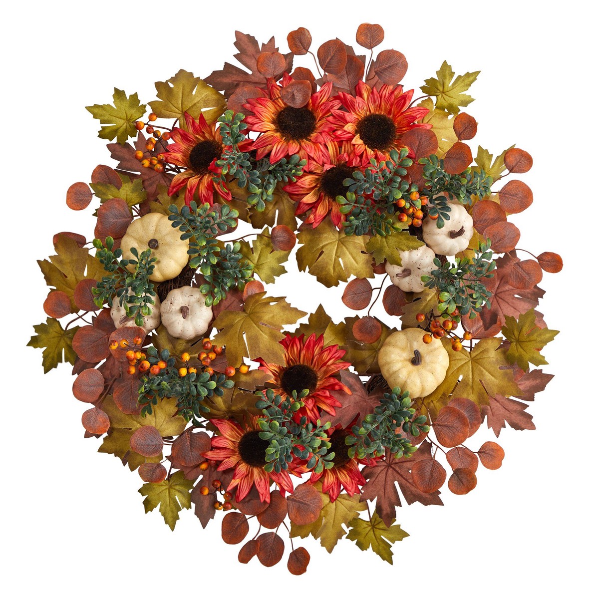 30 Artificial Fall Acorn, Sunflower, Berries and Autumn Foliage Wreath