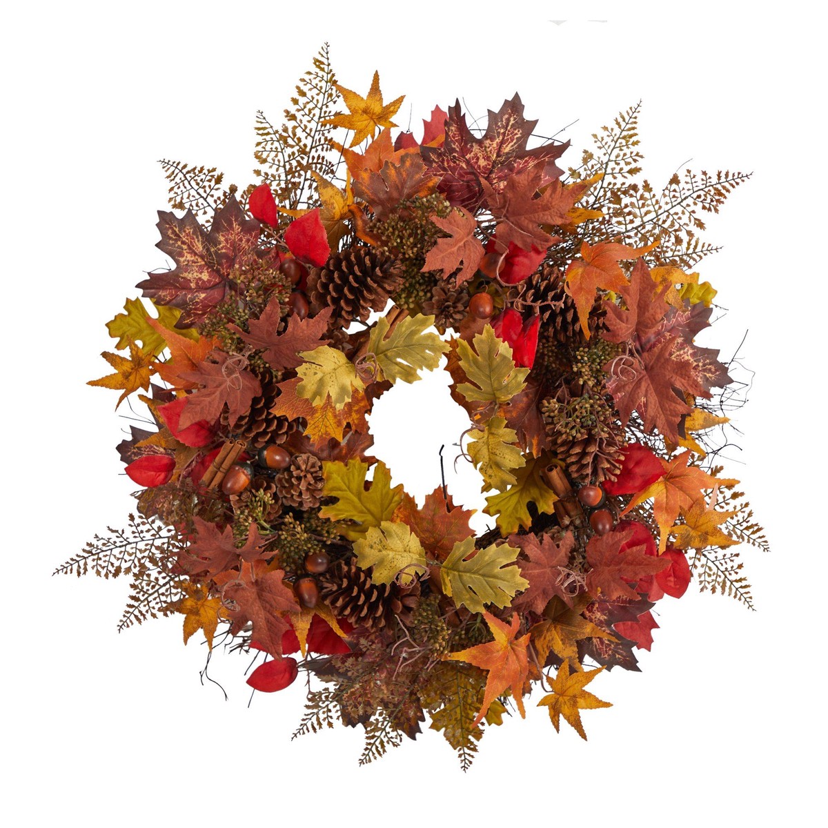 30 Autumn Maple Leaves, Acorn, Pinecones and Cinnamon Sticks Artificial Fall Wreath