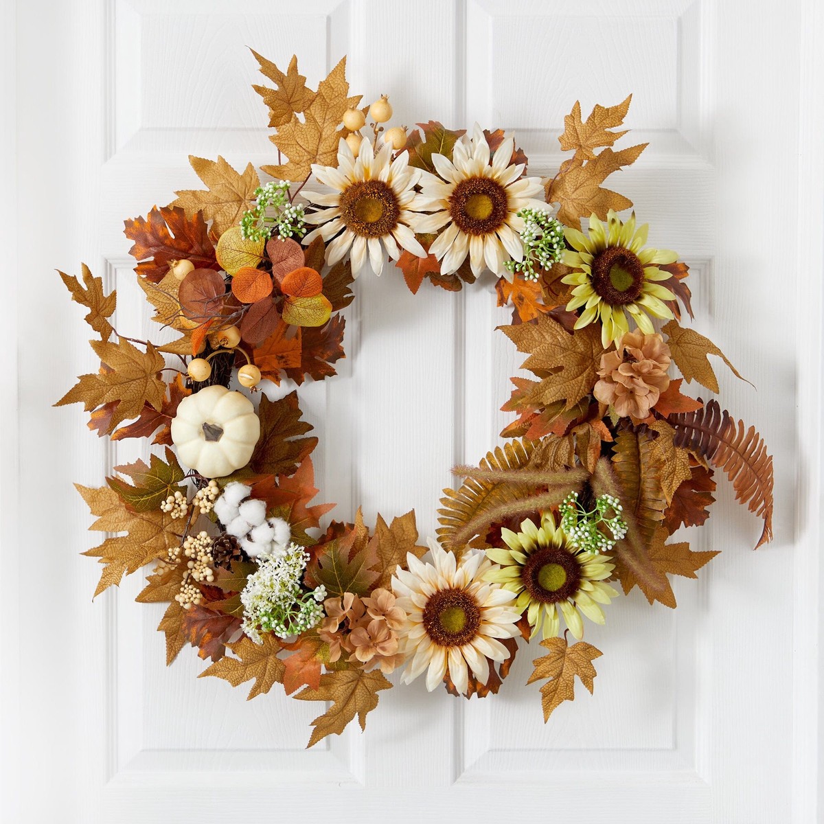 30 Autumn Sunflower, White Pumpkin and Berries Artificial Fall Wreath