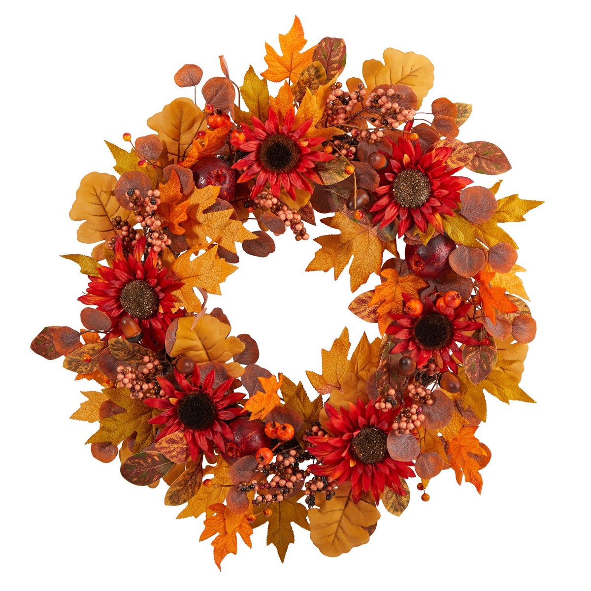 30 Fall Acorn, Sunflower, Berries and Autumn Foliage Artificial Wreath