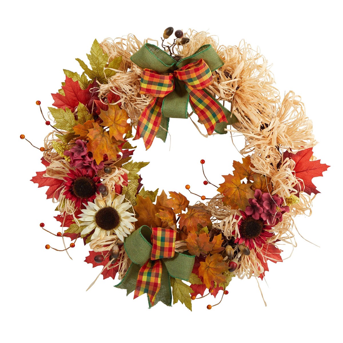 30 Harvest Autumn Sunflower, Maple Leaves and Berries Artificial Fall Wreath with Decorative Bows