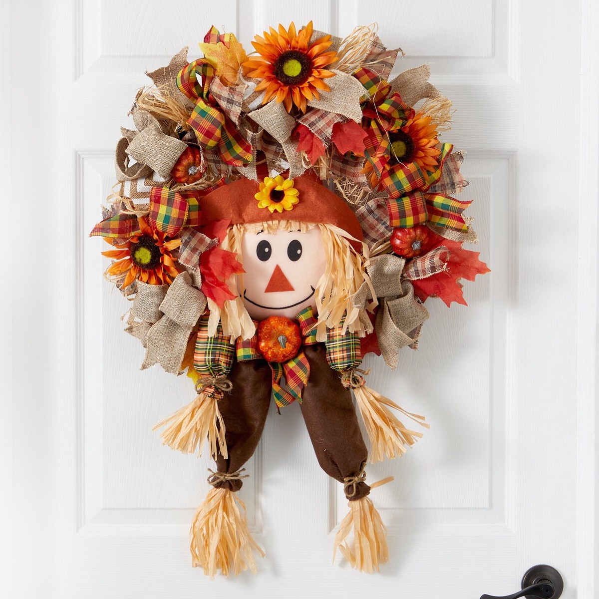 30 Scarecrow Fall Artificial Autumn Wreath with Sunflower, Pumpkin and Decorative Bows
