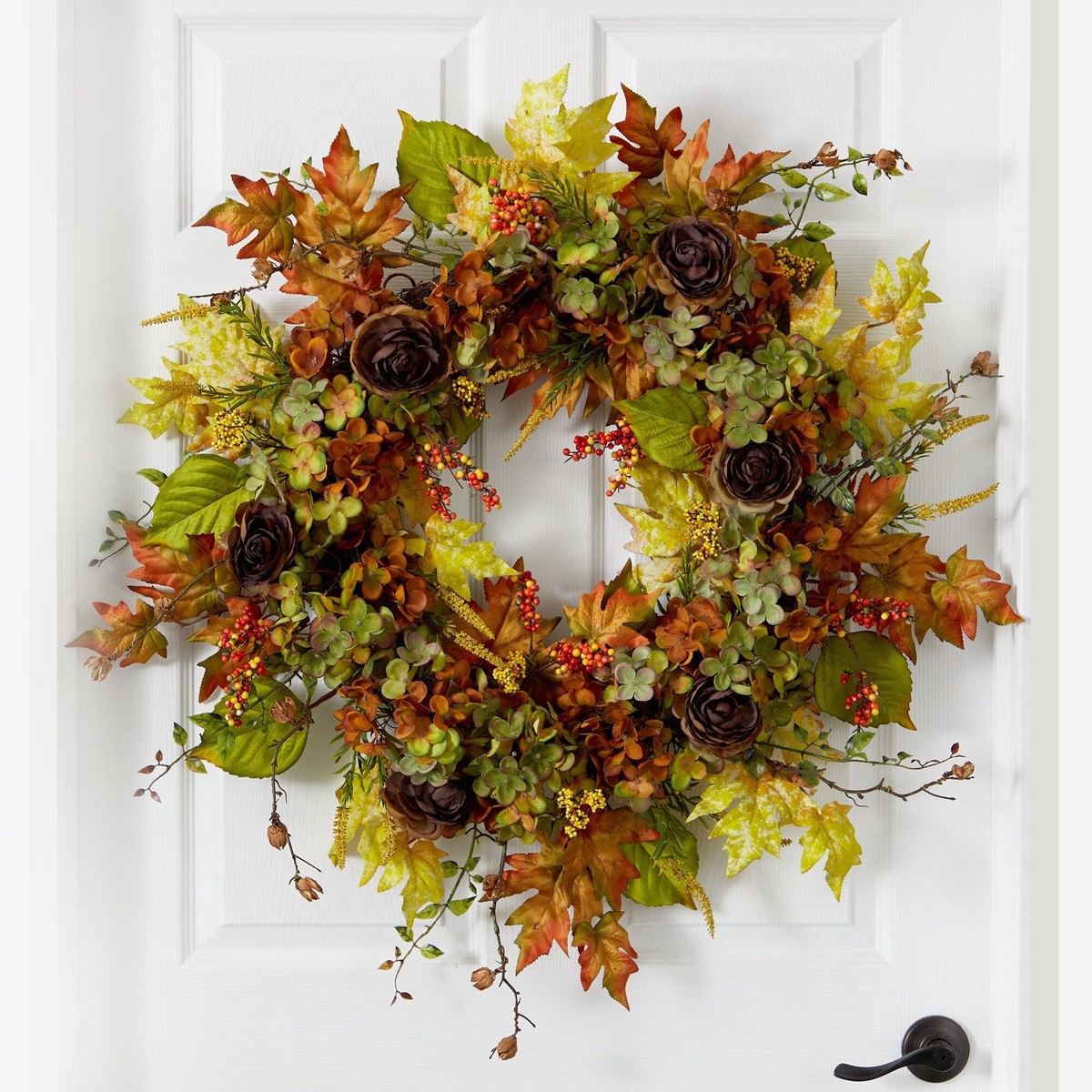 32 Fall Hydrangea, Ranunculus and Maple Leaf Autumn Artificial Wreath