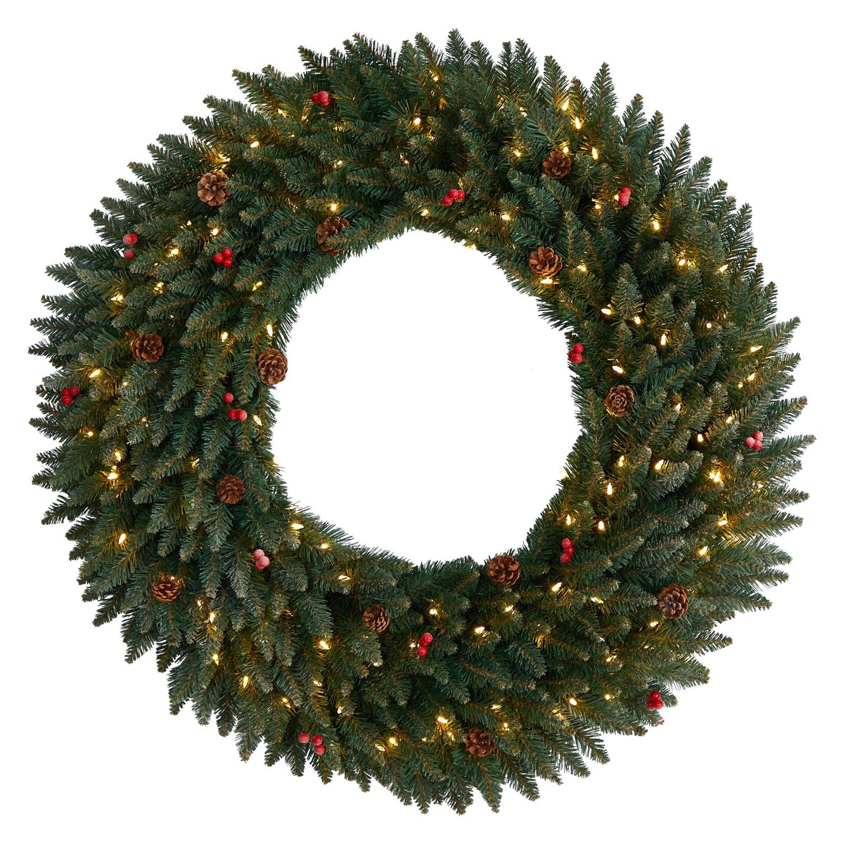 4 Large Flocked Wreath with Pinecones, Berries, 150 Clear LED Lights and 400 Bendable Branches