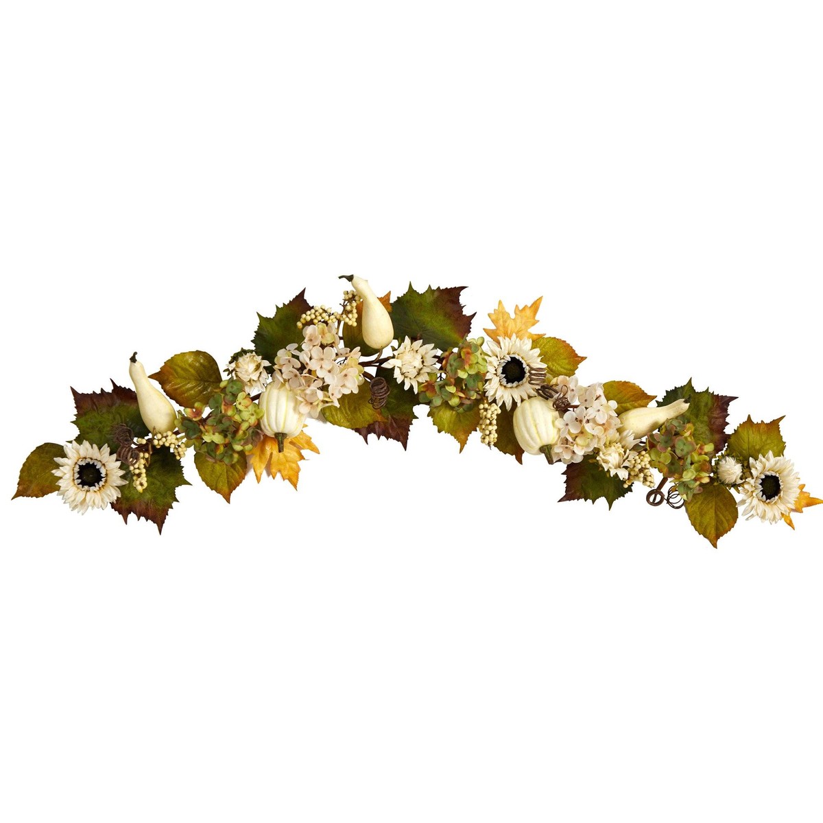 5 Fall Sunflower, Hydrangea and White Pumpkin Artificial Autumn Garland