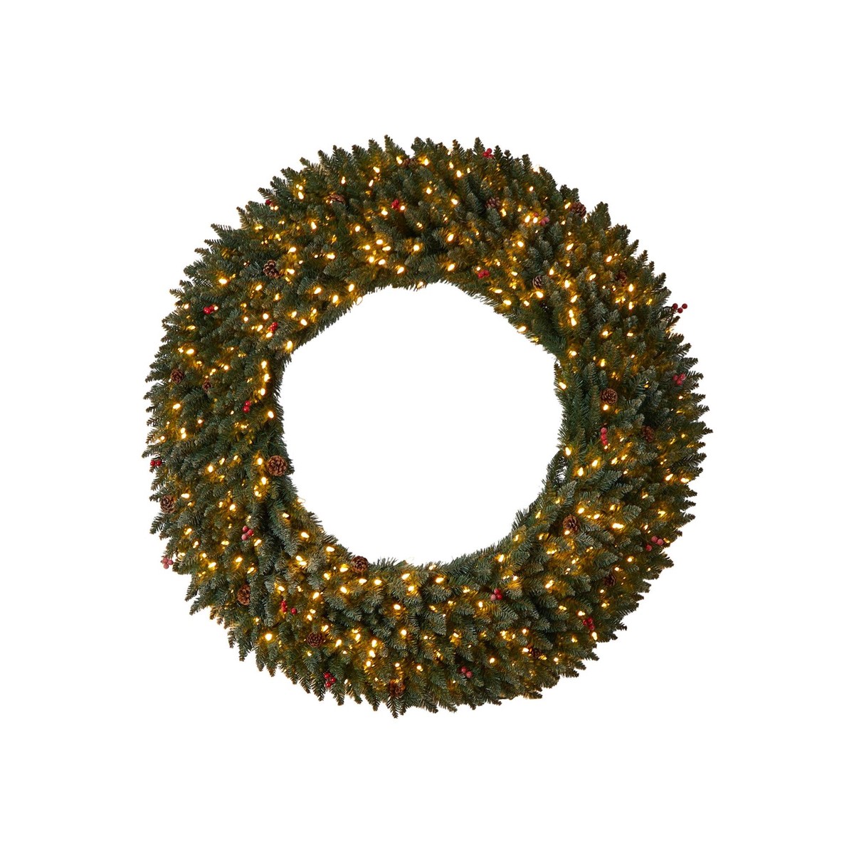 5 Large Flocked Wreath with Pinecones, Berries, 400 Clear LED Lights and 820 Bendable Branches