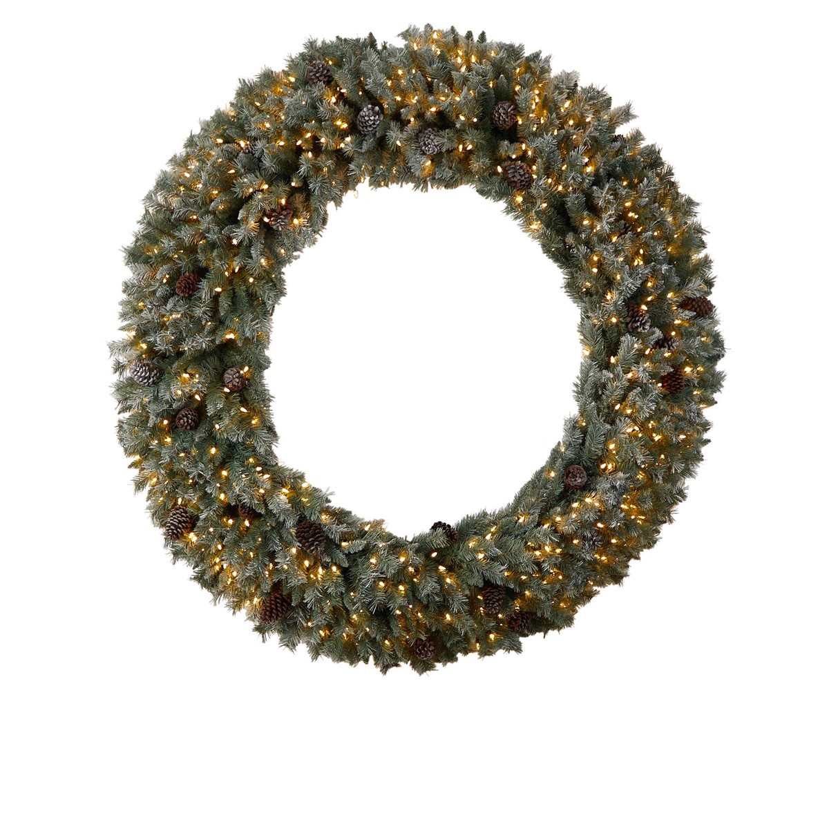 6 Giant Flocked Christmas Wreath with Pinecones, 600 Clear LED Lights and 1000 Bendable Branches