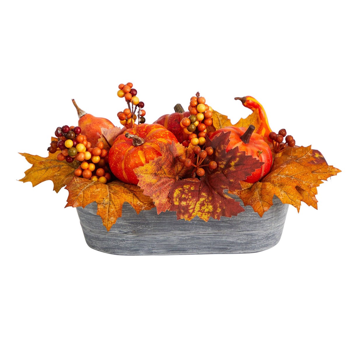 12 Fall Pumpkin and Berries Autumn Harvest Artificial Arrangement in Washed Vase
