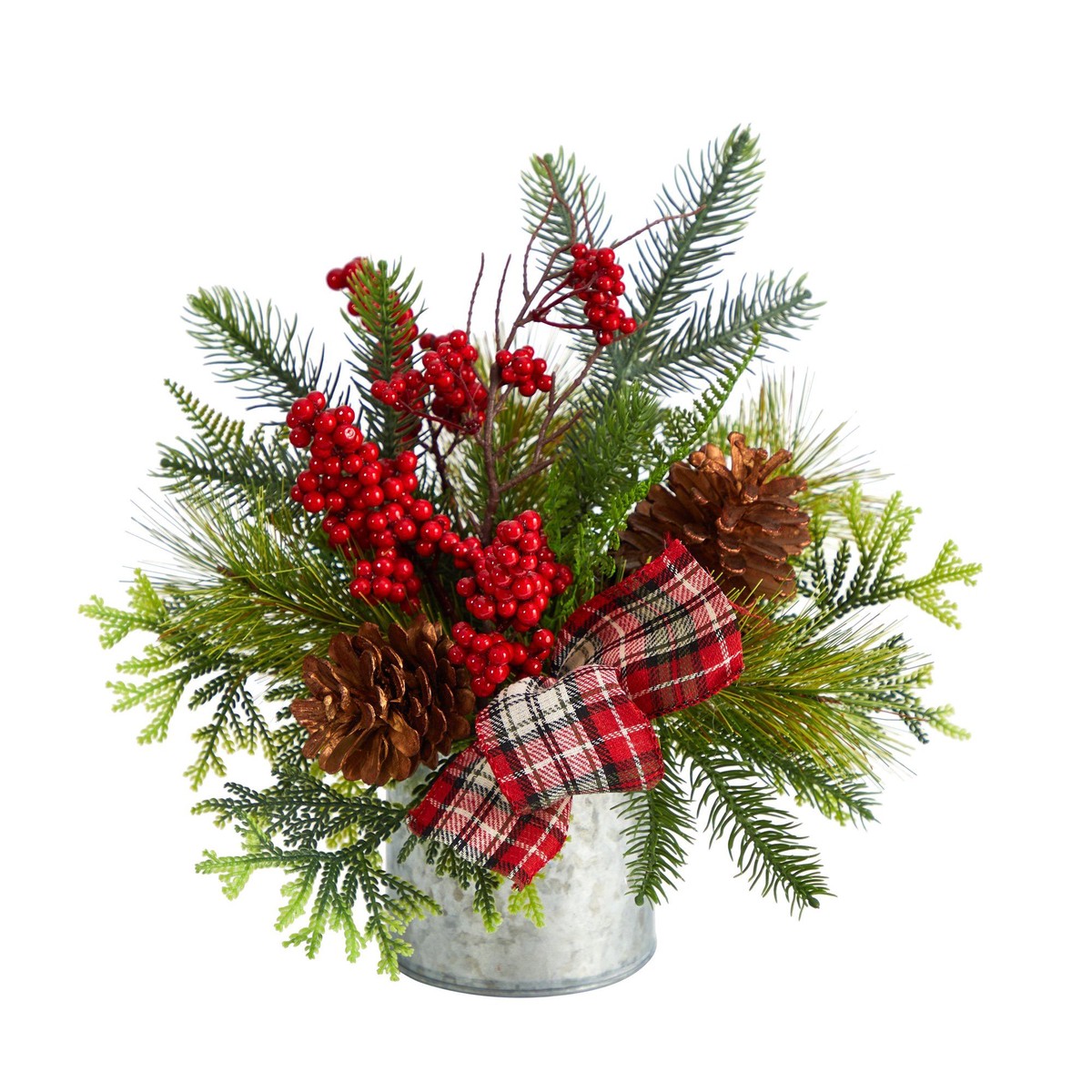 12 Holiday Winter Pinecones, Berries, Greenery and Plaid Bow Artificial Christmas Table Arrangement