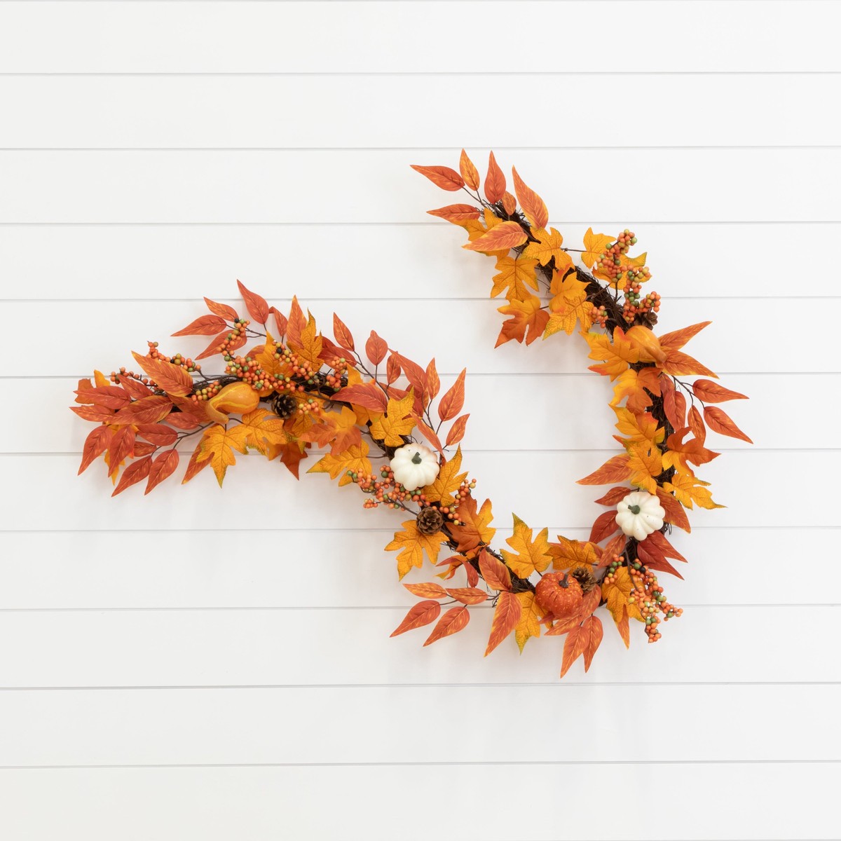 6 Assorted Autumn Maple Leaves, Pumpkins, Gourds, Berries and Pinecone Artificial Fall Garland