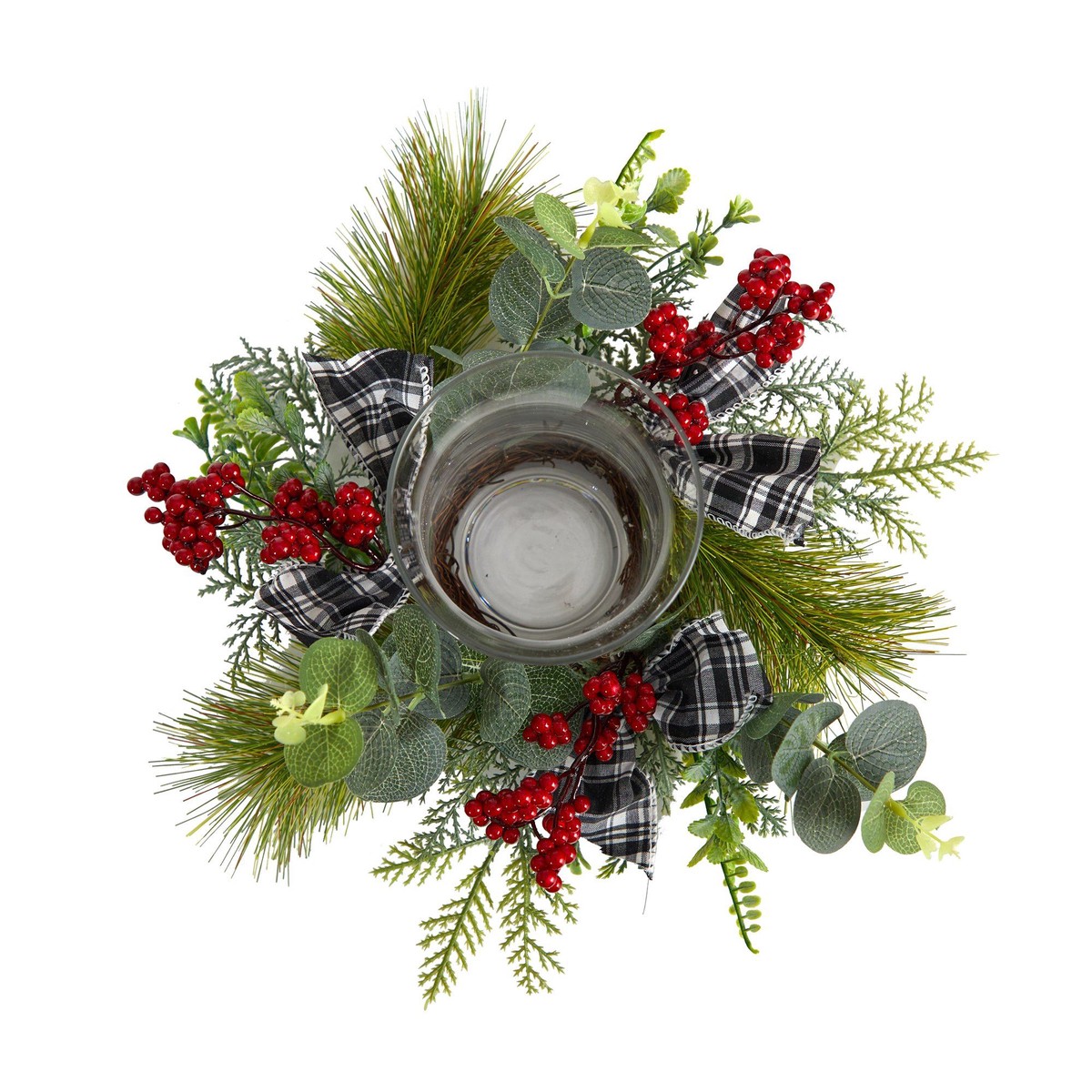 10 Evergreen Pine and Red Berries Artificial Christmas Candelabrum with Decorative Bows