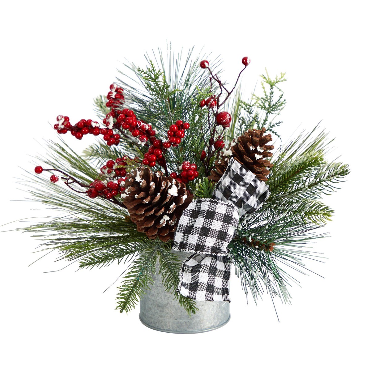 12 Frosted Pinecones and Berries Artificial Arrangement in Vase with Decorative Plaid Bow