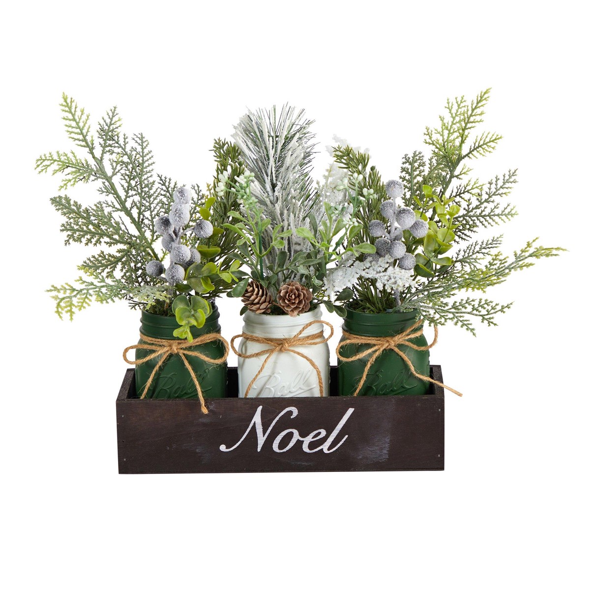 12 Holiday Winter Pine, Berries and Pine Cone Three Piece Mason Jar Noel Table Arrangement Dcor