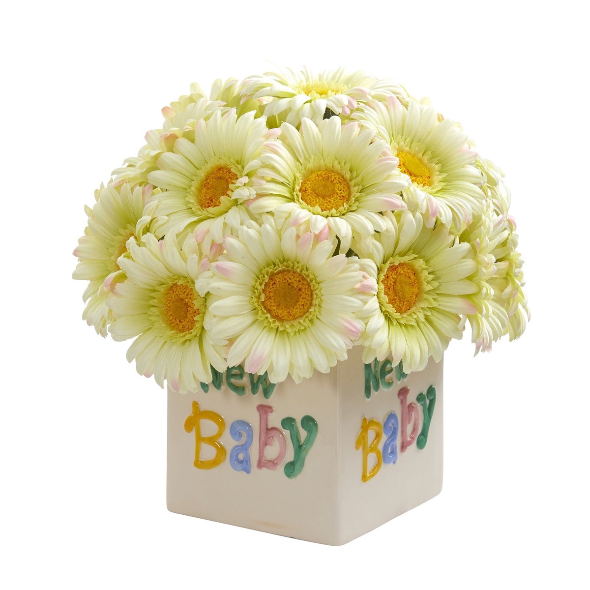 11 Gerber Daisy Artificial Arrangement in New Baby Vase – Cream