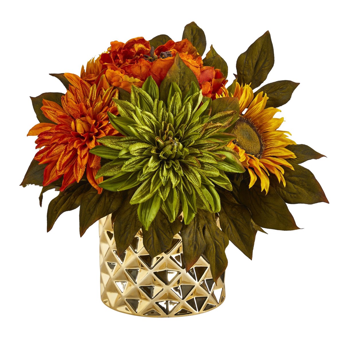 11 Peony, Dahlia and Sunflower Artificial Arrangement in Gold Vase