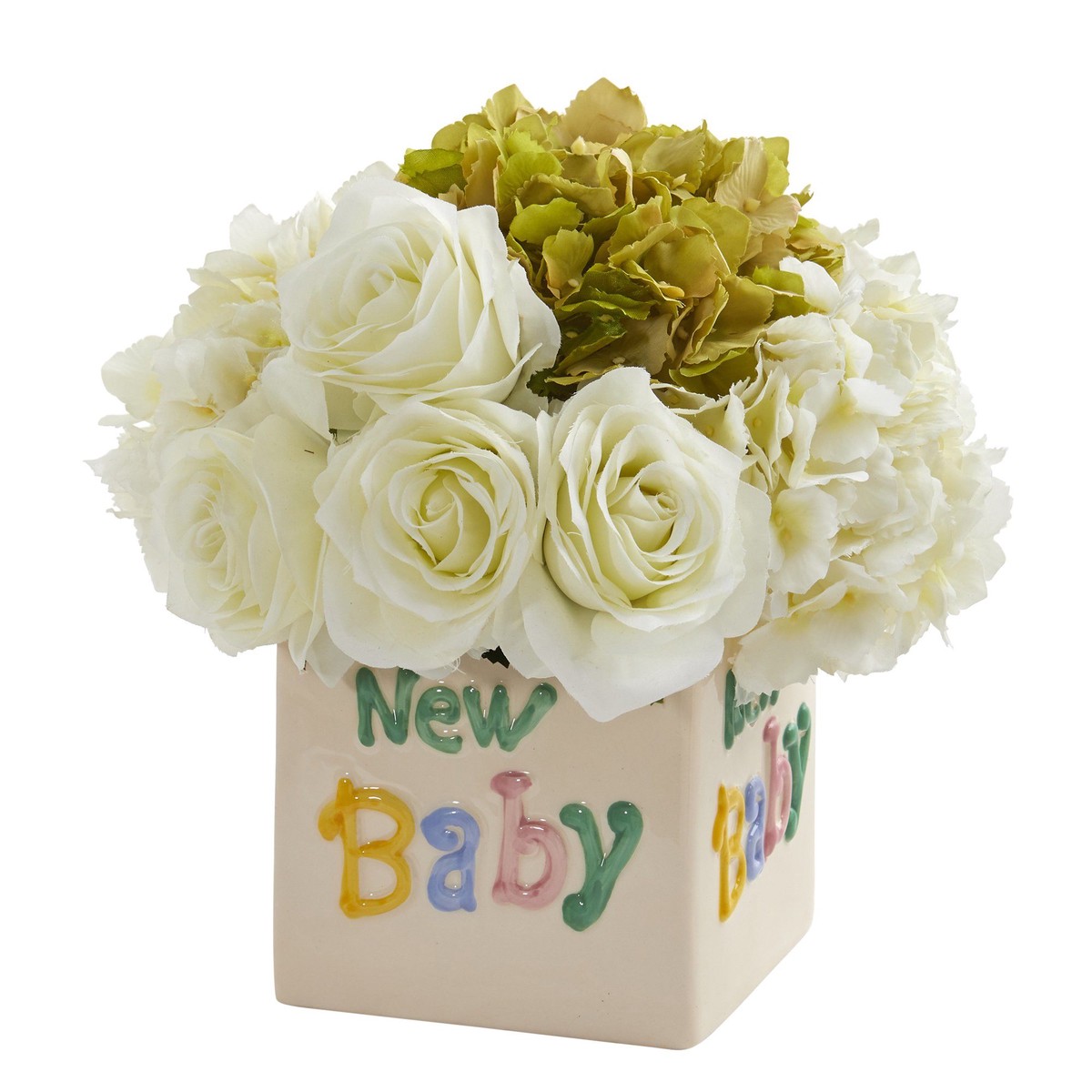 11 Rose and Hydrangea Artificial Arrangement in New Baby Vase – Green White