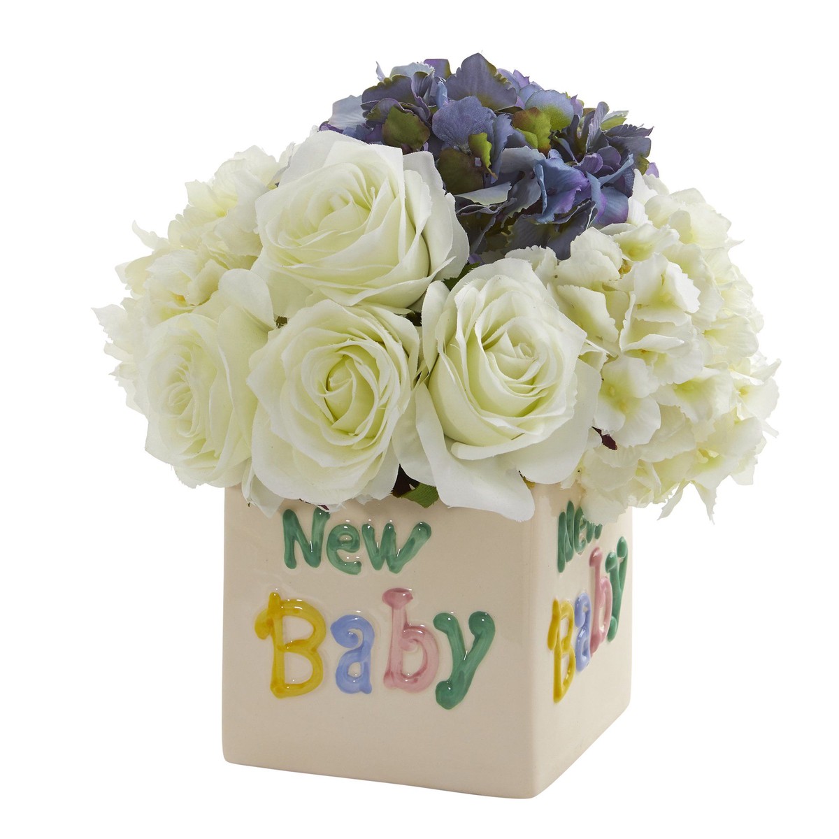11 Rose and Hydrangea Artificial Arrangement in New Baby Vase – White Blue