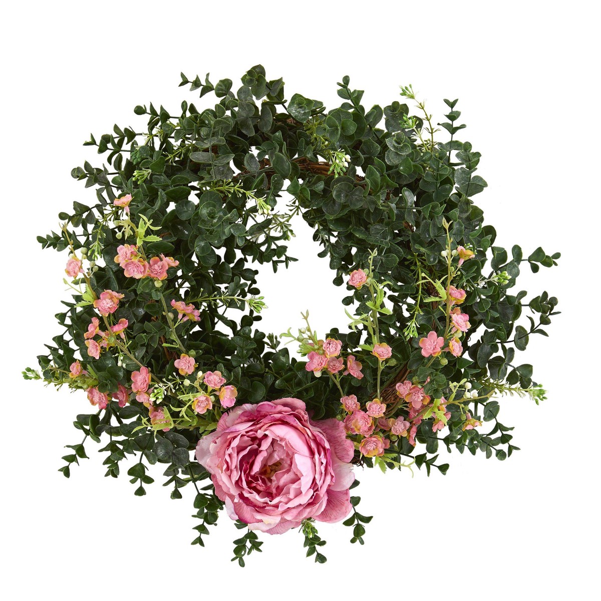 18 Eucalyptus, Cherry Blossom and Peony Double Ring Artificial Wreath With Twig Base – Pink