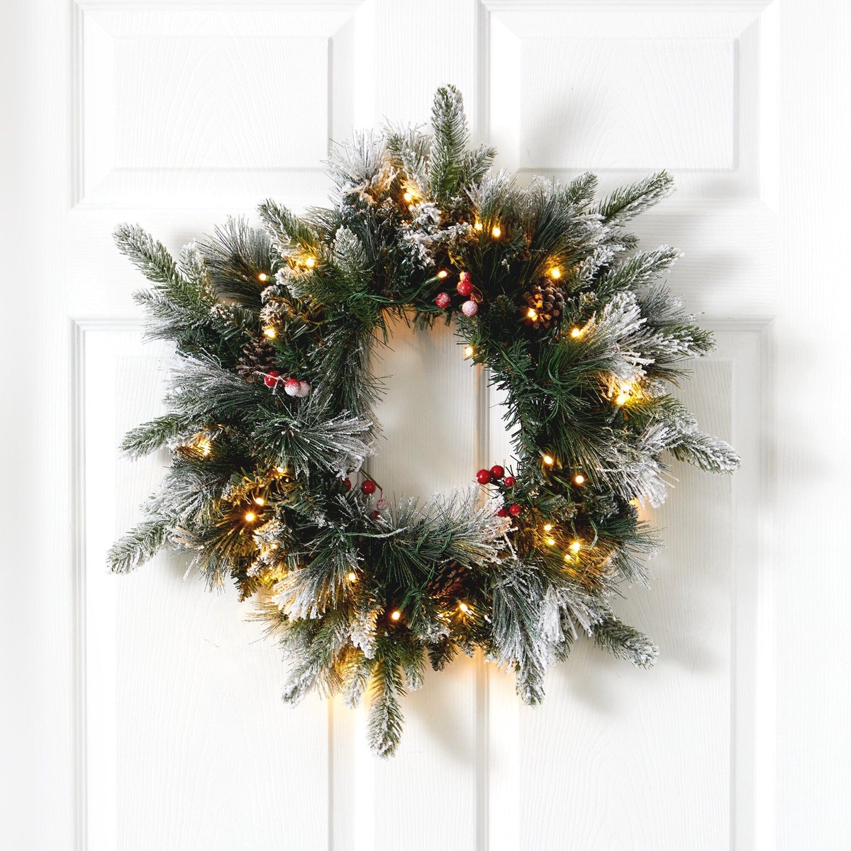 20 Flocked Mixed Pine Artificial Christmas Wreath with 50 LED Lights, Pine Cones and Berries