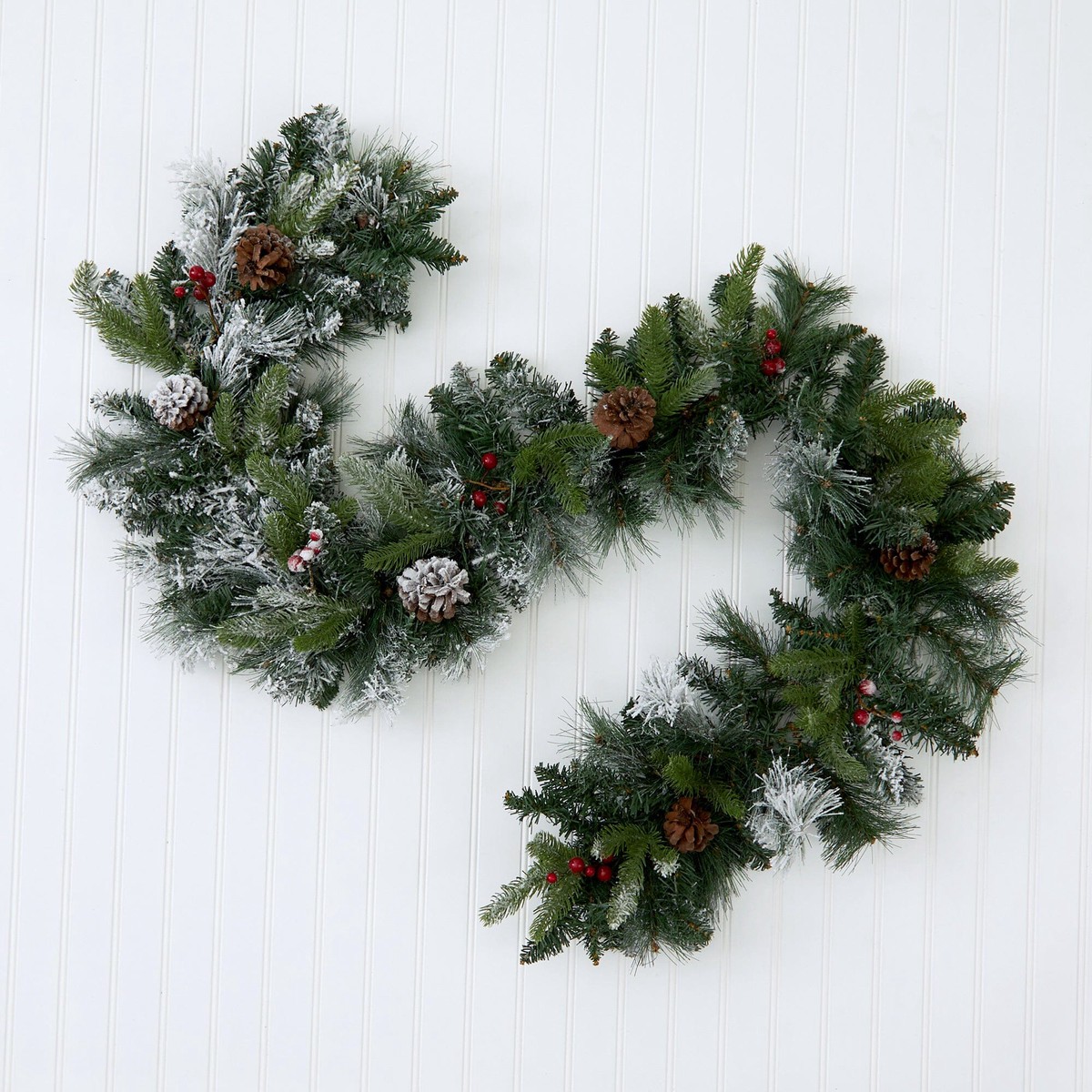 6 Flocked Mixed Pine Artificial Christmas Garland with 50 LED Lights, Pine Cones and Berries