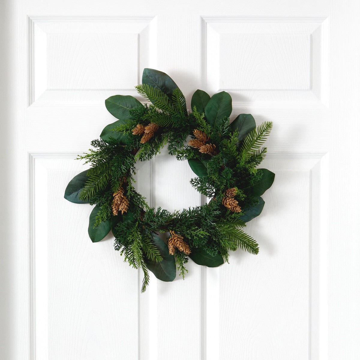 16 Magnolia Leaf and Mixed Pine Artificial Wreath with Pine Cones