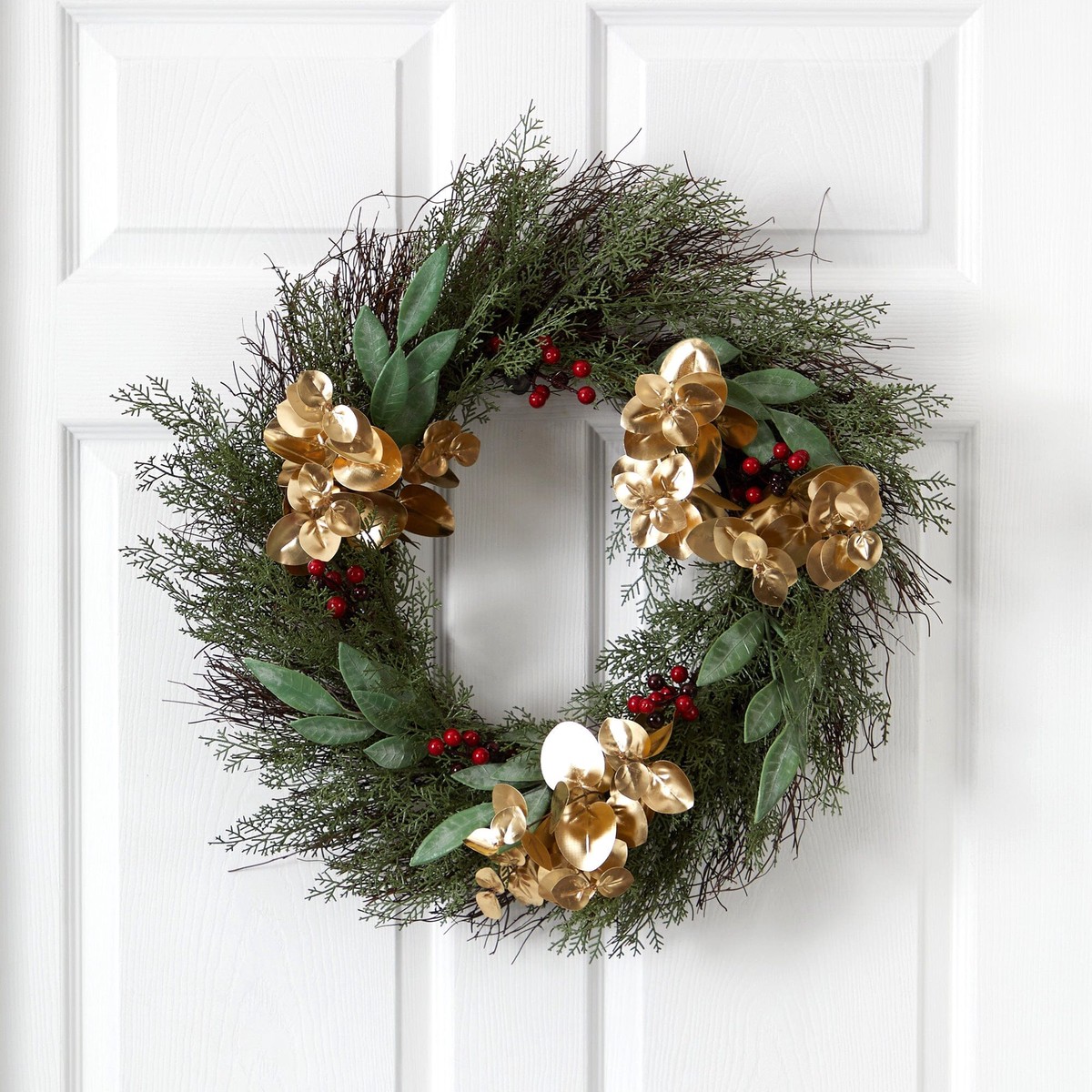 20 Cedar, Ruscus, Berries and Golden Eucalyptus Artificial Wreath