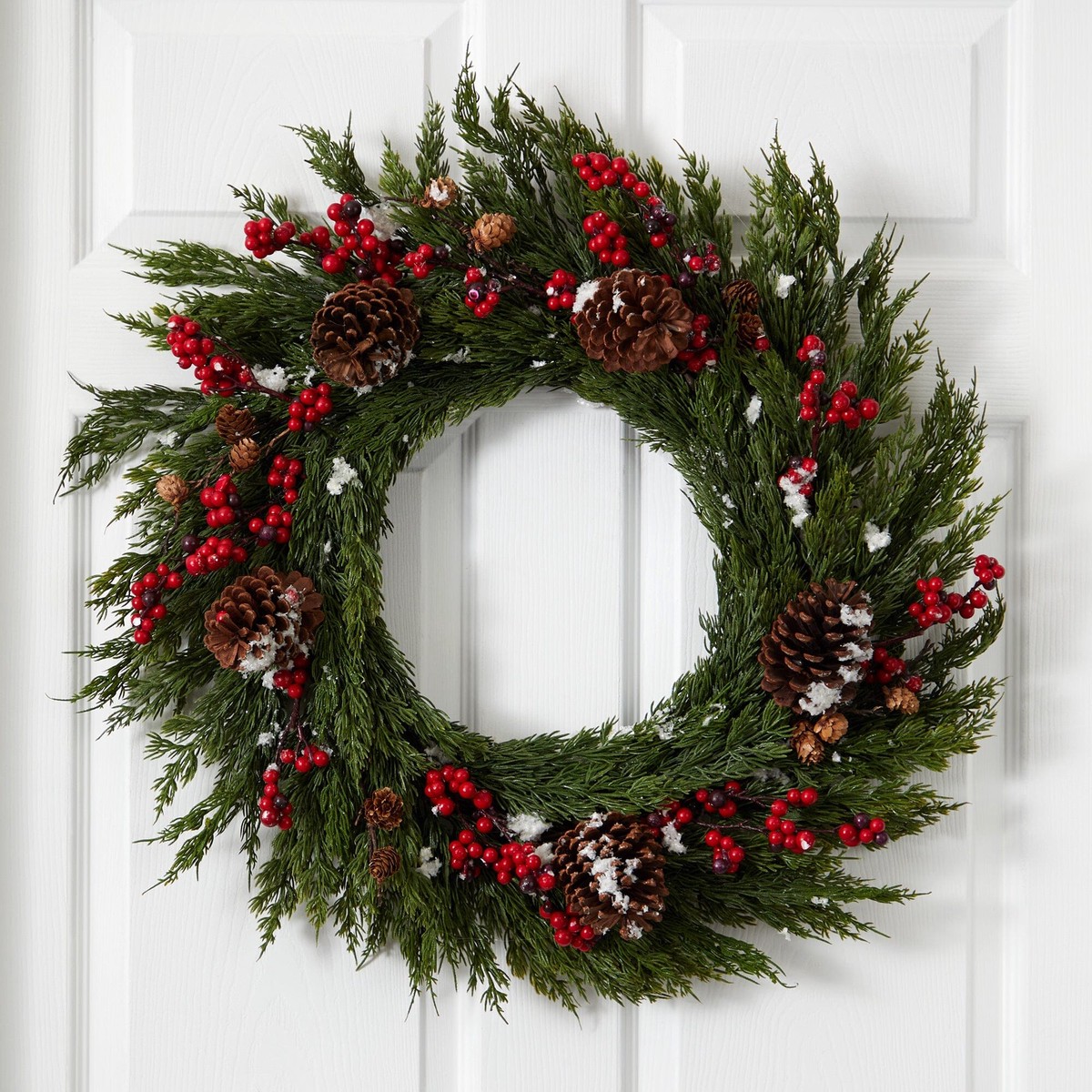 28” Frosted Cypress with Berries and Pine Cones Artificial Wreath