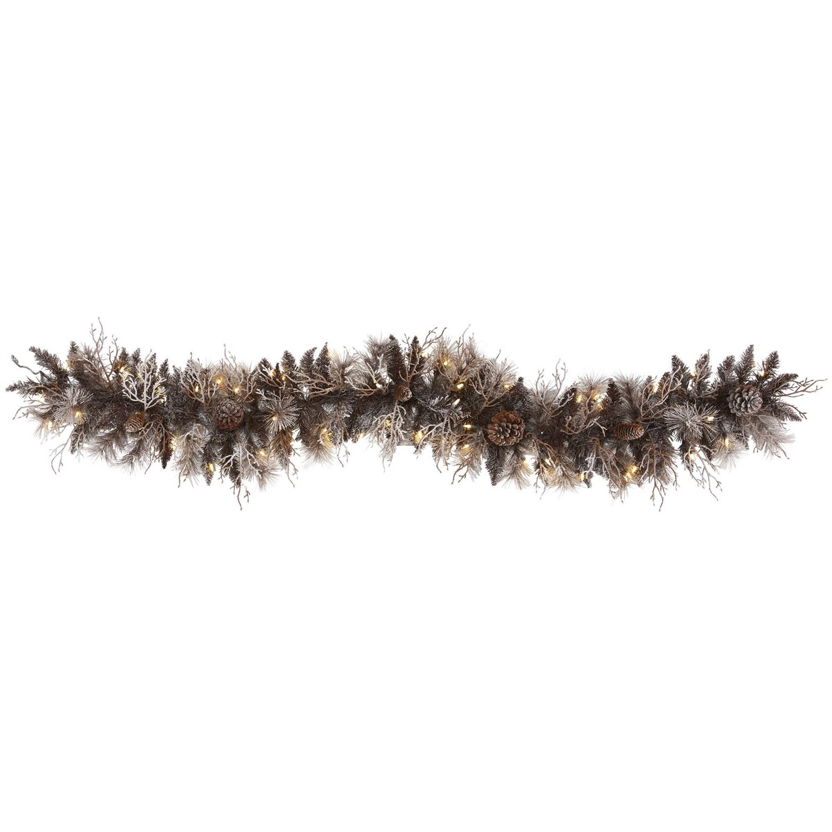 6′ Flocked Artificial Christmas Garland with 50 White Warm LED Lights and Pine Cones