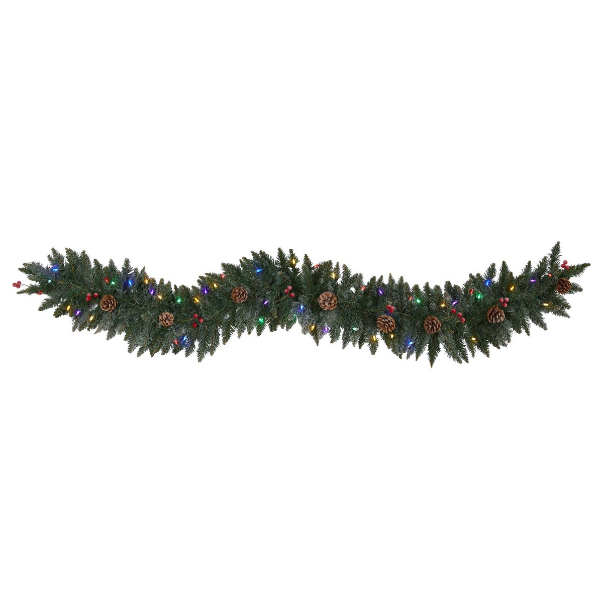 6′ Snow Dusted Artificial Christmas Garland with 50 Multicolored LED Lights, Berries and Pinecones