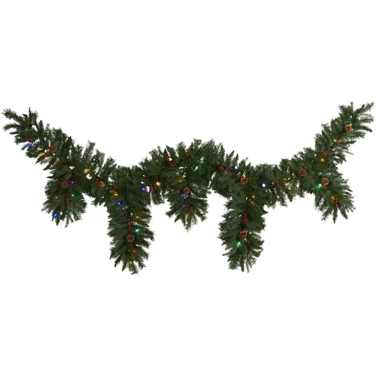 9′ x 12 Hanging Icicle Artificial Christmas Garland with 50 Multicolored LED Lights, Berries and Pine Cones