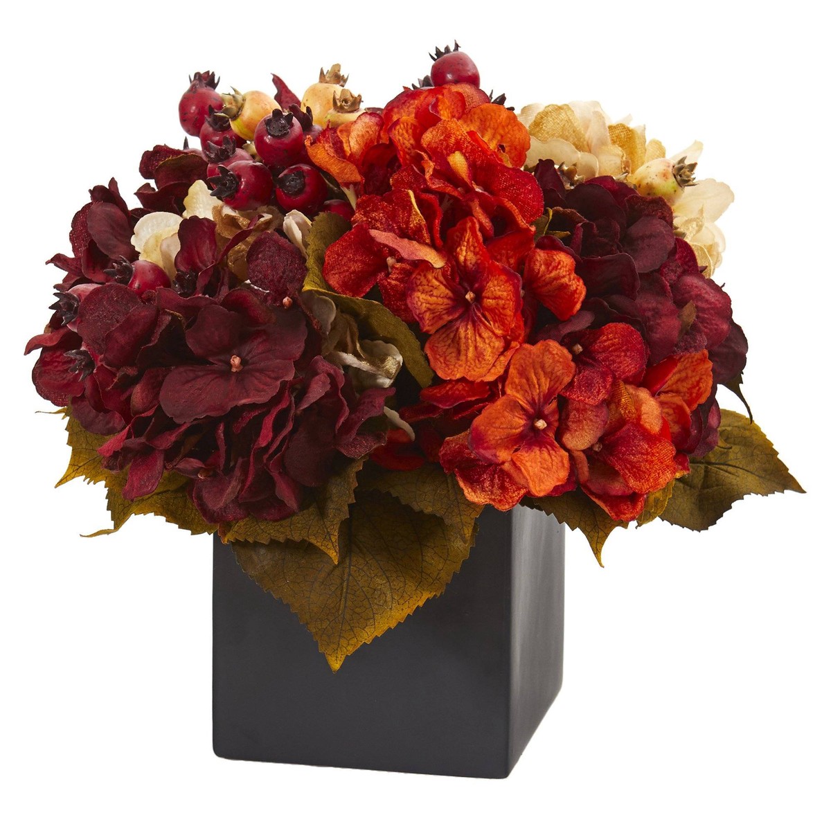 12 Autumn Hydrangea Berry Artificial Arrangement in Black Vase