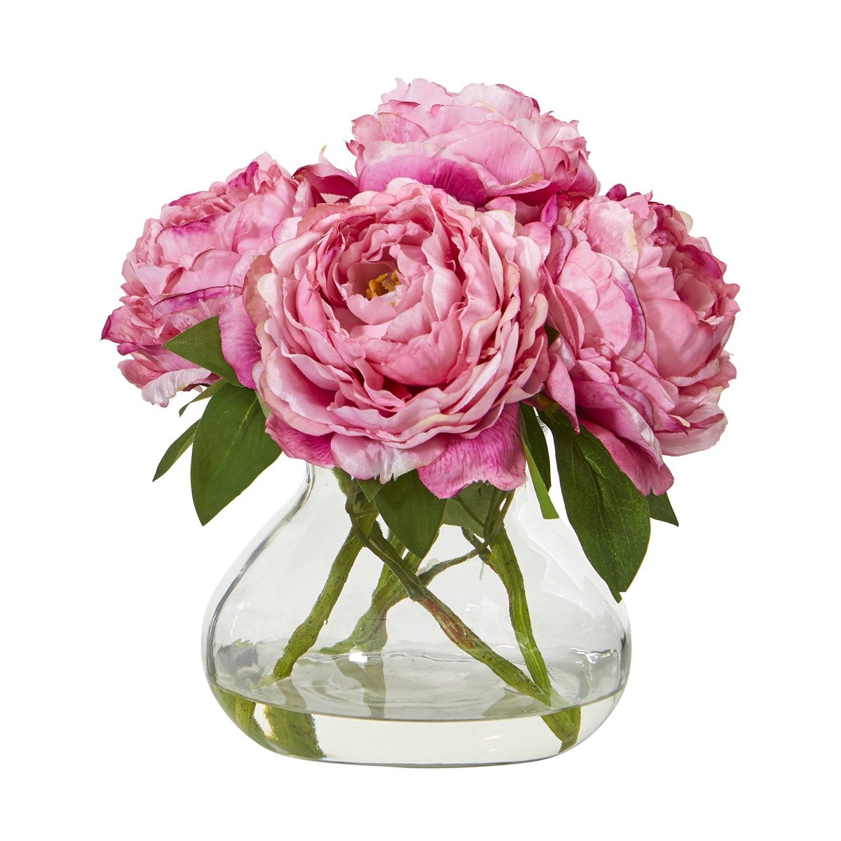 10 Peony Artificial Arrangement in Clear Glass Vase – Pink