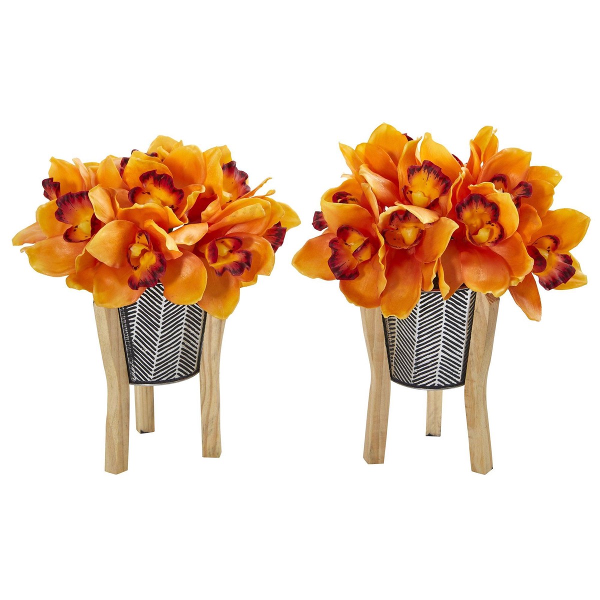 11 Cymbidium Orchid in Tin Vase with Legs (Set of 2) – Orange