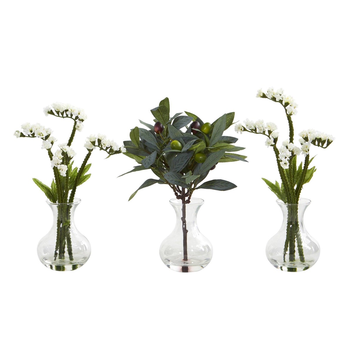 10 Baby Breath and Olive Arrangement in Vase (Set of 3) – White