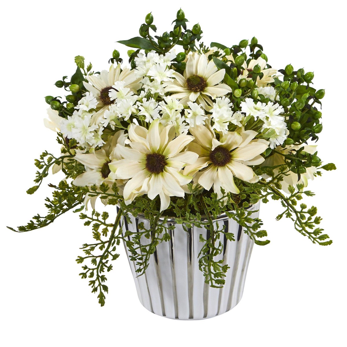 10 Mixed Daisy Arrangement in White Vase Silver Trimming – Cream