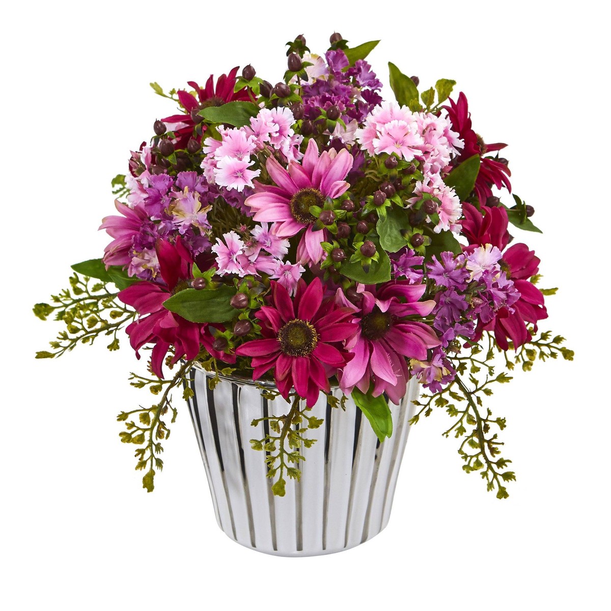 10 Mixed Daisy Arrangement in White Vase Silver Trimming – Pink